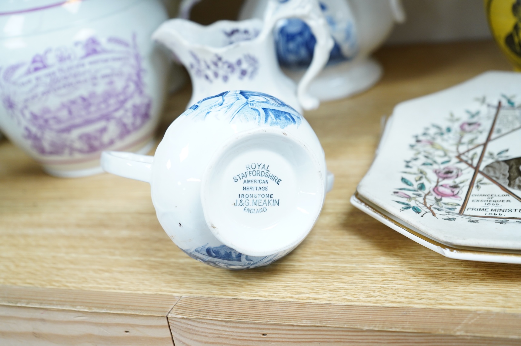 Eleven early to mid 19th century jugs, mugs and plates, all with transfer printed commemorative themes including Gladstone as Prime Minister, Queen Victoria‘s 1887 Jubilee, the Bidston Lighthouse Signals, Lord John Russe
